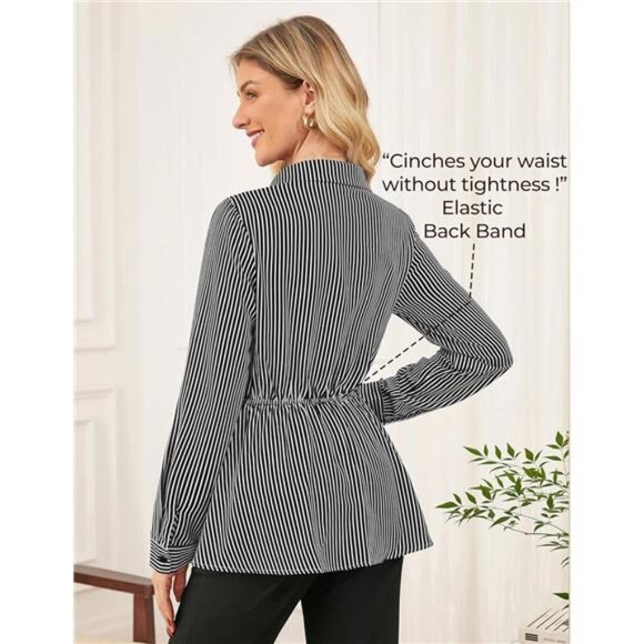 Peplum Tops Tie Front Striped Blouse Black - Picture 3 of 6